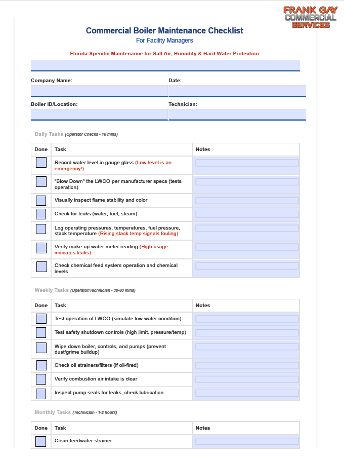 Commercial Boiler Checklist for Hotels, Industrial, and Buildings in Florida